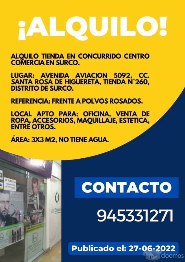 ALQUILER DE LOCAL DE 3X3 M2 EN SURCO 650 SOLES — foto 1