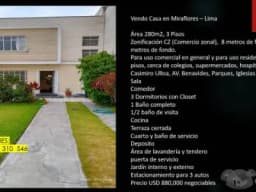 Vendo casa en Av. Republica de Panamá Miraflores - Lima  Área 280m2