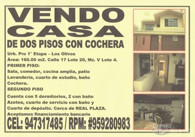 VENTA DE CASA EN LOS OLIVOS — foto 1