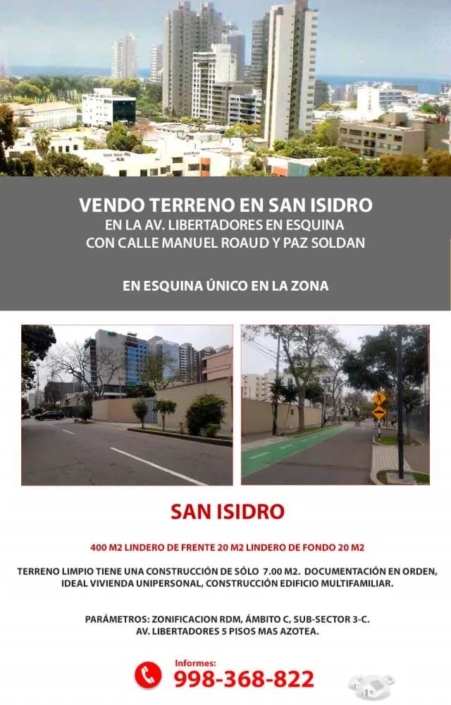 SAN ISIDRO TERRENO LIMPIO ÚNICO EN LA ZONA 400 M2 — foto 1