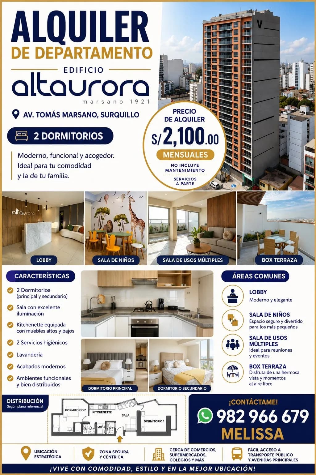 AVISO DE ALQUILER DE DEPARTAMENTO – EDIFICIO ALTAURORA, SURQUILLO — foto 2